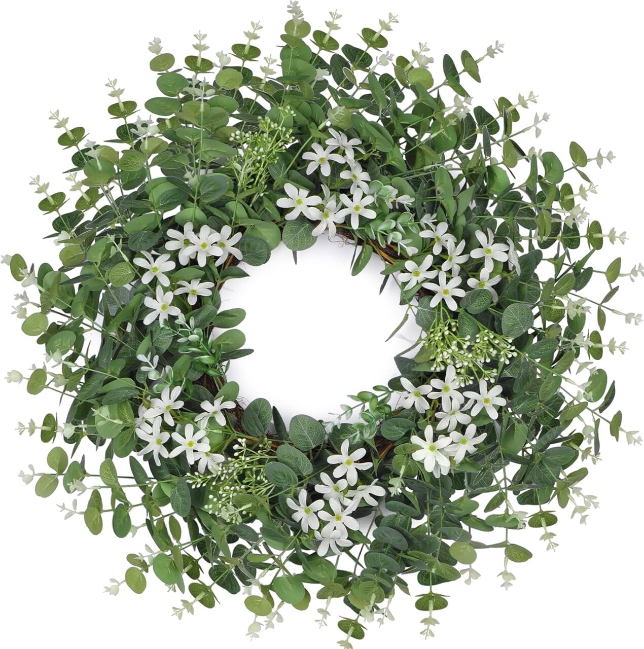 26" Eucalyptus & White Chrysanthemum Wreath – All-Season Front Door Greenery Décor